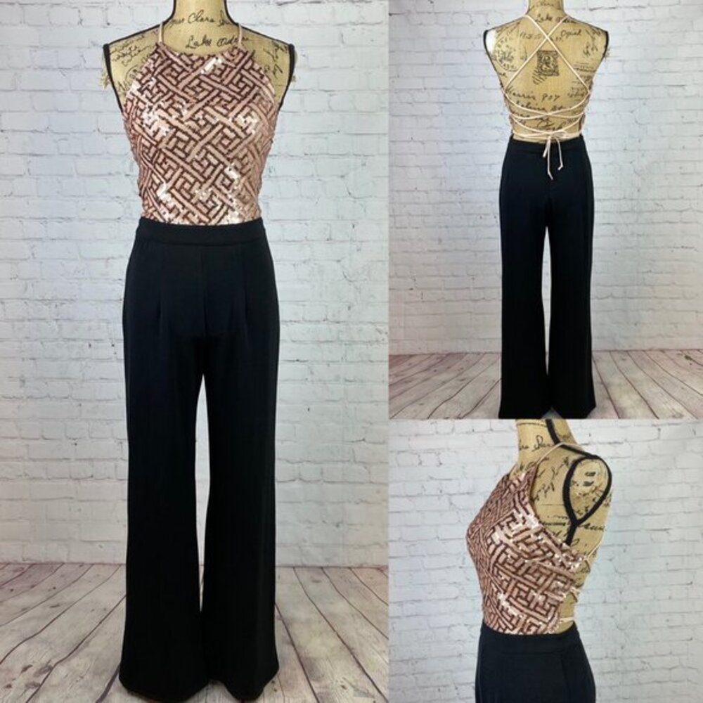 Charlotte Russe Sequin Halter Lace Up Wide Leg Jumpsuit